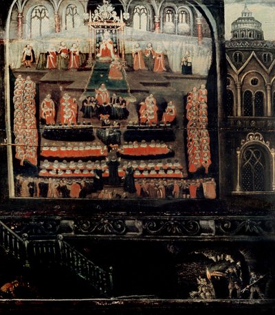 Right hand side of Diptych showing the Parliament of James I of England, VI of Scotland and the Gunpowder Plot, detail of the Gunpowder Plotters from the bottom right hand corner by English School
